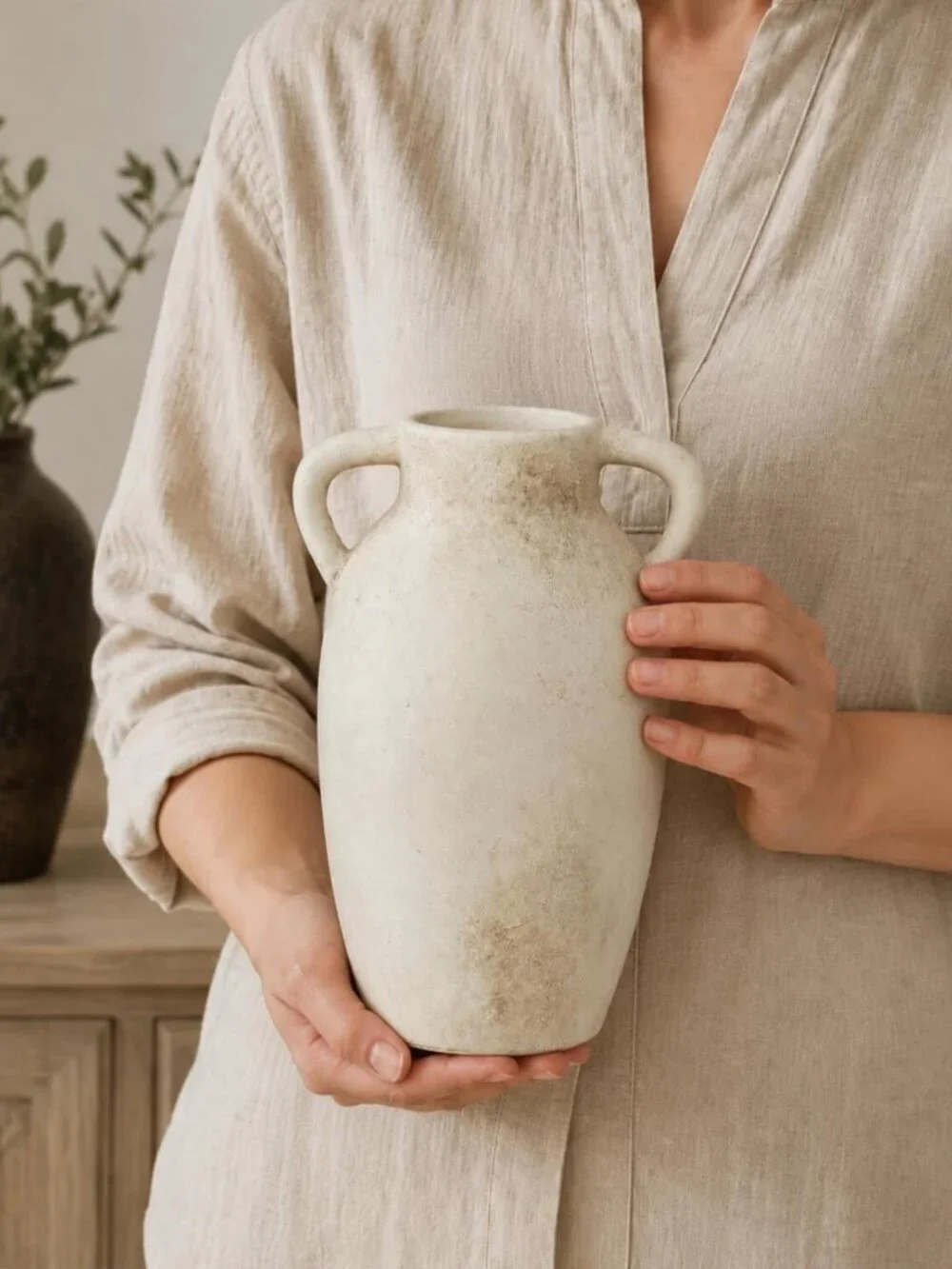 Rustic 9.8-Inch Beige Ceramic Vase with Handles - Farmhouse Decor Accent